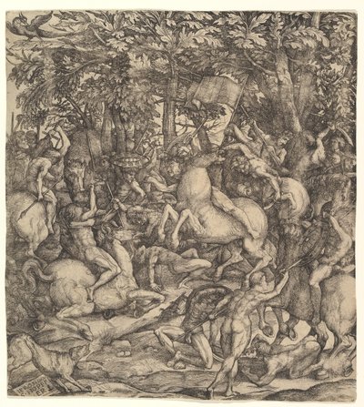 Battle between cavalry and infantry in a wood by Hieronymus Hopfer