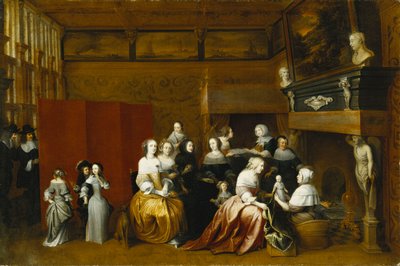 Ladies Celebrating the Birth of a Child, and Gentlemen Looking on from Behind a Screen, in an Interior by Hieronymus Janssens