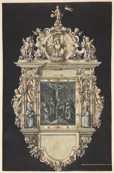 Draft for an Epitaph with the Crucifixion of Christ. A Richly Ornamented Frame with Numerous Figures by Hieronymus Wierix