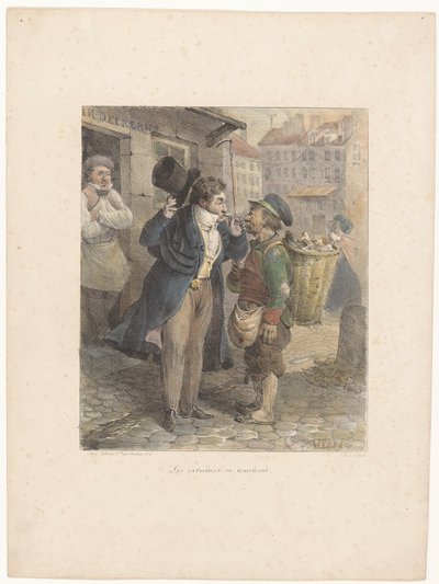Well-Dressed Gentleman Lighting His Cigar from a Worker in Rags (series title: Lithographic Sketches) by Hippolyte Bellange