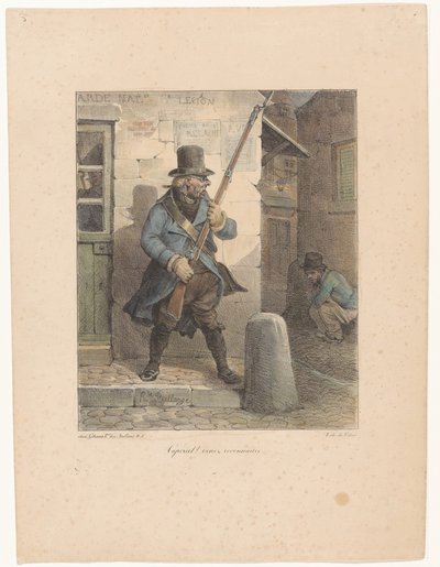 Soldier Calling Corporal, Who is Relieving Himself on the Street (series title: Lithographic Sketches) by Hippolyte Bellange