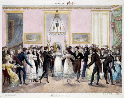 Societe ball in Paris at the store of crayons Conte, place du palais royal in February 1819 by Hippolyte Lecomte