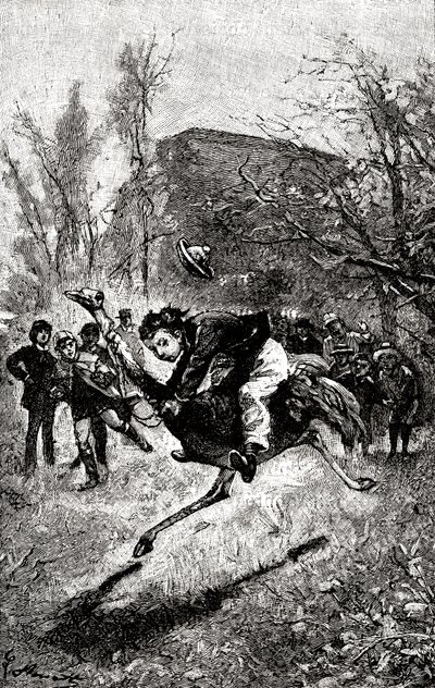 The young Service is riding on an ostrich. Engraving by Hippolyte Leon Benett