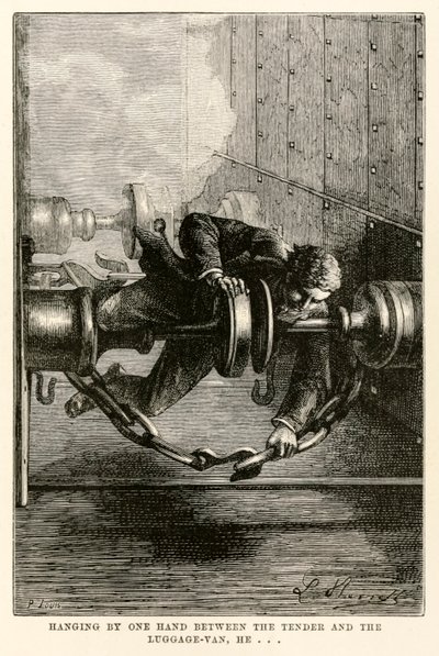 Hanging by one hand between the tender and the luggage-van, he... from Around the World in Eighty Days by Jules Verne, engraved by Louis, 1873 by Hippolyte Leon after Benett