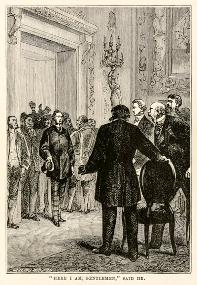 Here I am gentlemen, said he, from Around the World in Eighty Days by Jules Verne, engraved by Henri-Théophile Hildebrand, 1873 by Hippolyte Leon after Benett