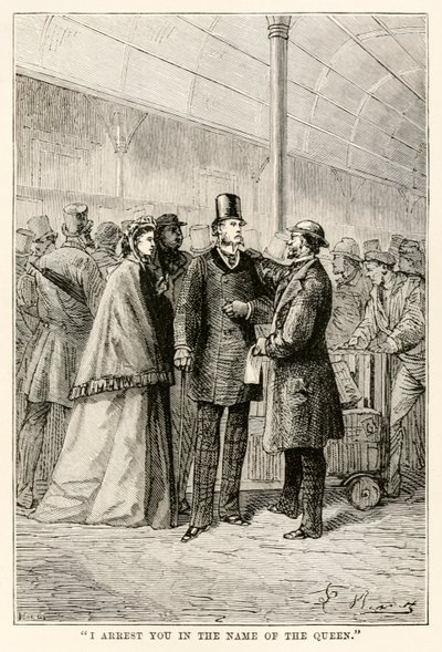 I arrest you in the name of the Queen, from Around the World in Eighty Days by Jules Verne, 1873 by Hippolyte Leon after Benett