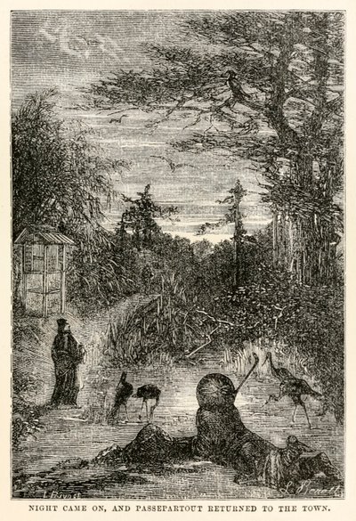 Night came on, and Passepartout returned to the town, from Around the World in Eighty Days by Jules Verne, engraved by Louis Prevost, 1873 by Hippolyte Leon after Benett