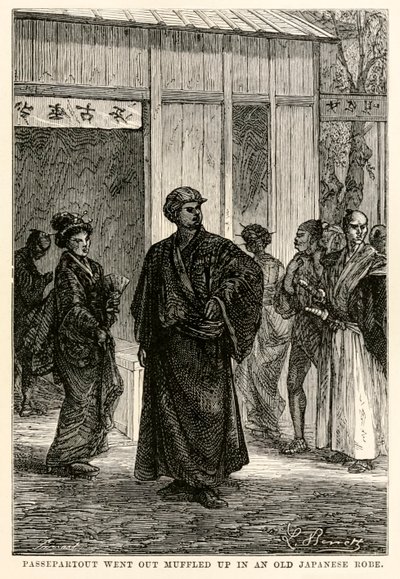 Passepartout went out muffled up in an old Japanese robe, from Around the World in Eighty Days by Jules Verne, engraved by Louis Prevost, 1873 by Hippolyte Leon after Benett