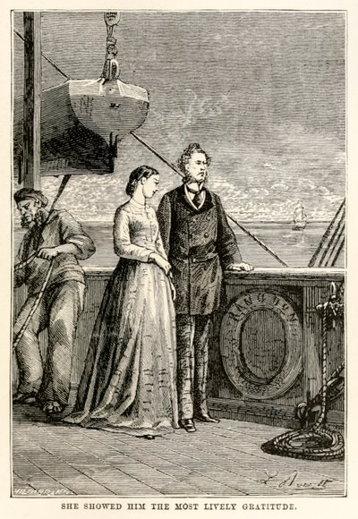 She showed him the most lively gratitude, from Around the World in Eighty Days by Jules Verne by Hippolyte Leon after Benett