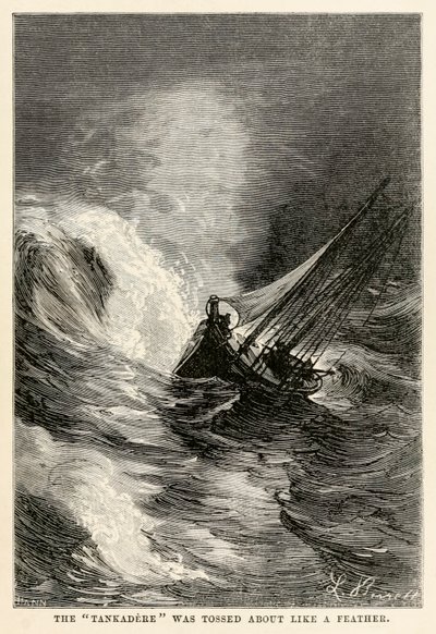 The Tankadere was tossed about like a feather, from Around the World in Eighty Days by Jules Verne, engraved by Adolphe François Pannemaker, 1873 by Hippolyte Leon after Benett