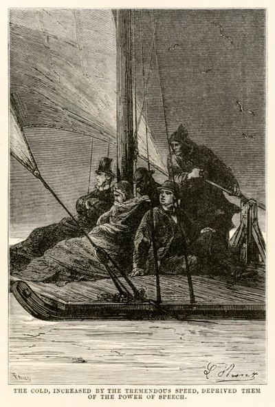 The cold, increased by the tremendous speed, deprived them of the power of speech, from Around the World in Eighty Days by Jules Verne, engraved by Adolphe François Pannemaker by Hippolyte Leon after Benett