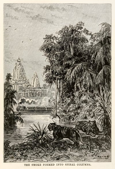The smoke formed into spiral columns, from Around the World in Eighty Days by Jules Verne by Hippolyte Leon after Benett