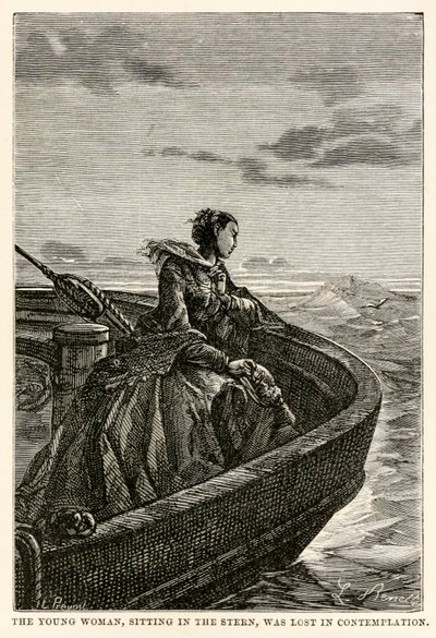 The young woman, sitting in the stern, was lost in contemplation, from Around the World in Eighty Days by Jules Verne by Hippolyte Leon after Benett