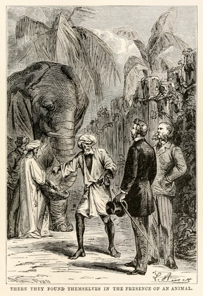 There they found themselves in the presence of an animal, from Around the World in Eighty Days by Jules Verne by Hippolyte Leon after Benett