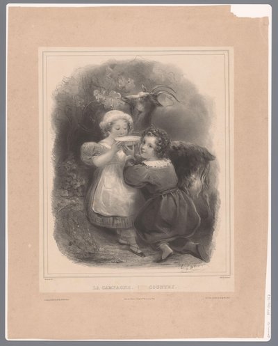Two Children with a Goat Drinking Goat Milk by Hippolyte Louis Garnier