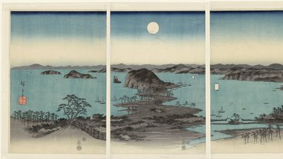 Evening Panorama of the Eight Views of Kanazawa in Musashi Province, Snow, Moon, and Flowers by Hiroshige (I) , Utagawa
