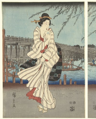 Famous Places in the Eastern Capital: Enjoying an Evening Breeze at the Ryogoku Bridge by Hiroshige (I) , Utagawa