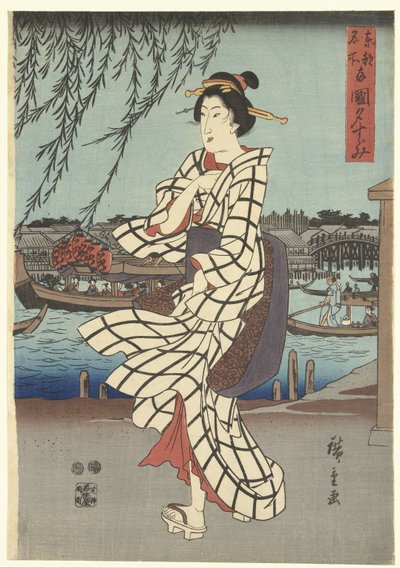 Famous Places in the Eastern Capital: Enjoying an Evening Breeze at the Ryogoku Bridge by Hiroshige (I) , Utagawa