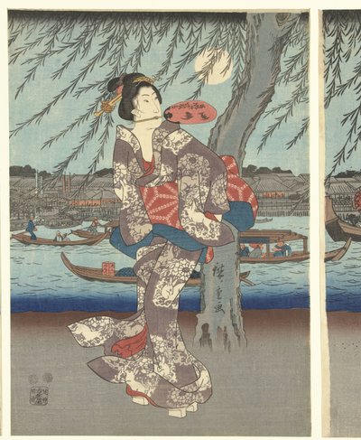 Famous Places in the Eastern Capital: Enjoying an Evening Breeze at the Ryogoku Bridge by Hiroshige (I) , Utagawa