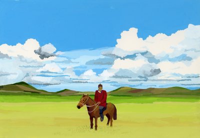 Mongolian Steppes and People Riding Horses by Hiroyuki Izutsu