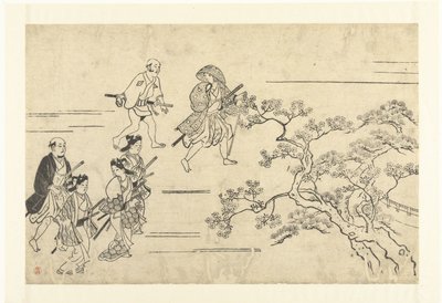 Five Noblemen and a Servant on Their Way to a Picnic (Viewing Cherry Blossoms in Ueno series) by Hishikawa Moronobu (attributed to)