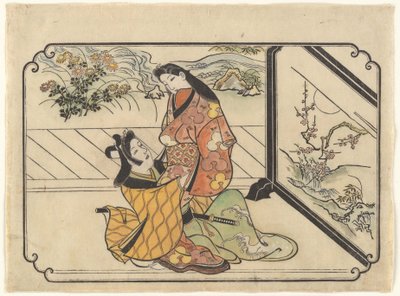 Courtesan with a Young Man (Wakashu) beside a Screen by Hishikawa Moronobu