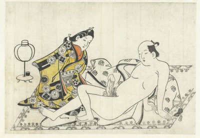 Young Woman and Naked Man on Rug by Hishikawa Moronobu