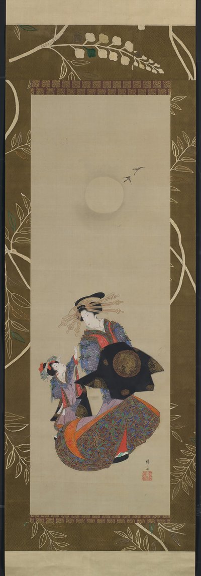 Beauty of the Yoshiwara with Apprentice in Moonlight, 19th century by Hokuba