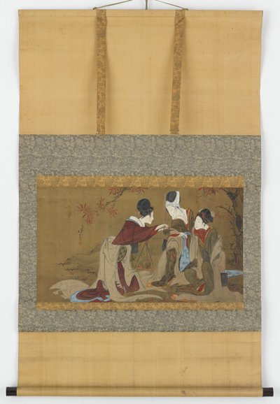 Three Shirabyoshi Drinking Sake Heated Over a Fire of Autumn Leaves by Hokuga