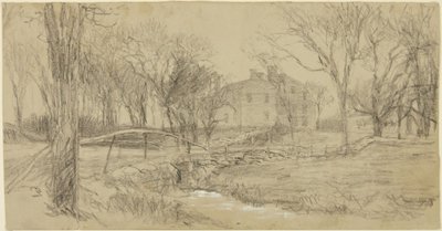 Large House, Brook, and Bridge by Homer Dodge Martin