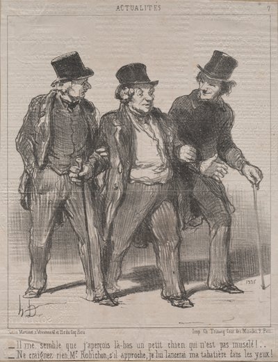 Actualities (No. 7): It seems to me that I notice a little dog there that is not muzzled!...Think nothing of it, Mr. Rohichon; if it approaches, I will throw my snuffbox in its eyes! by Honoré Daumier