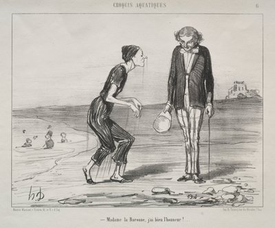 Aquatic Sketches, plate 8: Madame la Baronne, it is my honor... by Honoré Daumier