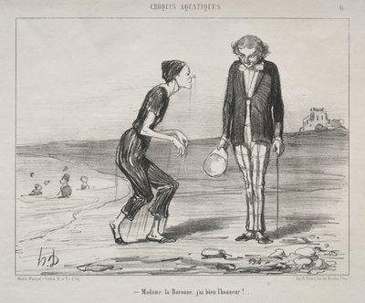 Aquatic Sketches, plate 8: Madame la Baronne, it is my honor..., 1853 by Honoré Daumier