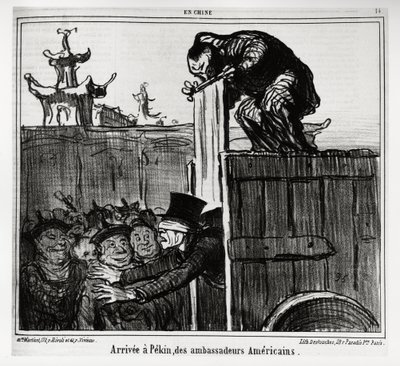 Arrival in Peking of American ambassadors. In series En Chine, illustration by Honore Daumier, published in Charivari, dated 13 October 1859 by Honoré Daumier