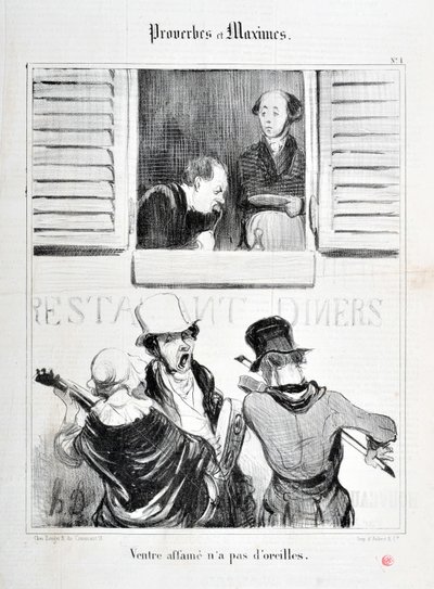 Charivari dates from 1840: Serie PROVERBES ET MAXIMES Belly starvation has no ears MUSEE DES BEAUX ARTS - PALAIS LONGCHAMP, MARSEILLE by Honoré Daumier