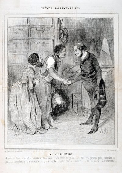 Artwork by Honore Daumier Charivari dates from 1843: Serie SCENES PARLIAMENTARY. The election visit by Honoré Daumier