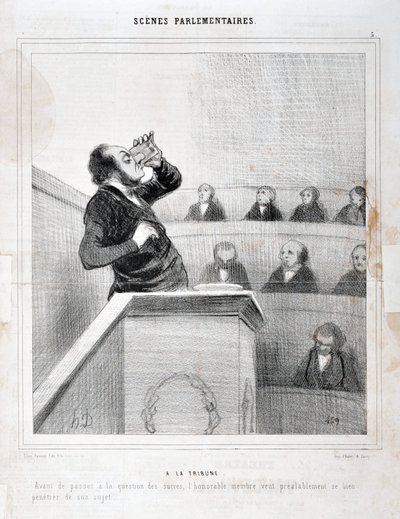 Scenes Parliamentary: In the gallery - Before moving on to the question of sugars, the hon. member wants to think well about his subject by Honoré Daumier