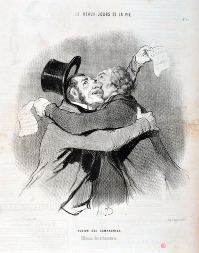 Artwork by Honore Daumier Charivari dates from 1845: Serie LES BEAUX DAYS DE LA VIE. Merger of companies - Outfall of shareholders by Honoré Daumier