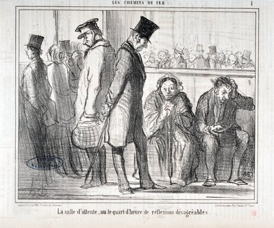 Artwork by Honore Daumier (1808-1879). Charivari dates from 1855: Serie LES Chemins de fer The waiting room or the quarter hour of disagreeable reflexions MUSEE DES BEAUX ARTS - PALAIS LONGCHAMP, MARSEILLE by Honoré Daumier