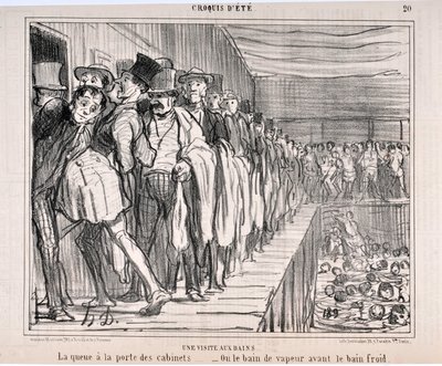 A visit to the baths: “The queue at the door of the cabinets... -Or the steam bath before the cold bath” Engraving by Honore Daumier. Extract from the newspaper “Le Charivari” by Honoré Daumier