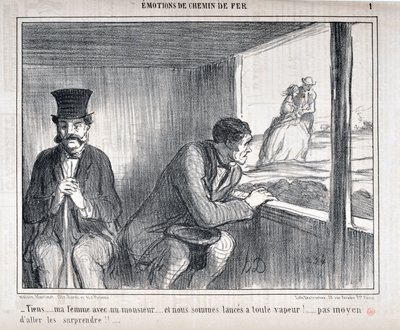 Artwork by Honore Daumier (1808-1879) Charivari dates from 1858: Serie EMOTIONS EN Chemin de fer - Tiens... ma femme avec un monsieur... et nous sommes lances a toute vapeur!... no way to go surprise them!!... MUSEUM OF FINE ARTS - PALACE LONGCHAMP, MARSE by Honoré Daumier