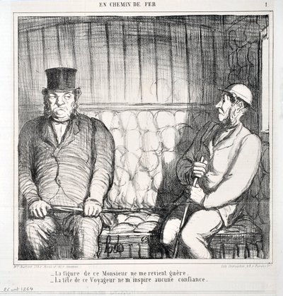 Artwork by Honore Daumier (1808-1879). Charivari dates from 1864: Serie LES CHAINS DE RAILWAY -The figure of this gentleman does not come back to me. - the head of this traveler inspires me no confidence MUSEE DES BEAUX ARTS - PALAIS LONGCHAMP, MARSEILLE by Honoré Daumier