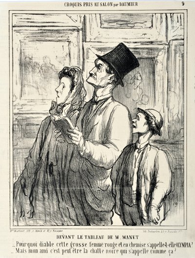 Sketches Taken at the Salon: In front of a painting by Manet “-Why the devil is this fat red woman in a shirt called Olympia? -But my friend, maybe the black cat is called that?” Engraving by Honore Daumier. Extract from the newspaper “Le Charivari” by Honoré Daumier