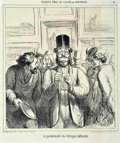 Sketches Taken at the Salon: The walk of the influential critic. Engraving by Honore Daumier. Extract from the newspaper “Le Charivari” by Honoré Daumier