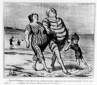 At the Sea Baths: Parisian Family Walking on a Beach - by Daumier, in "Charivari" by Honoré Daumier