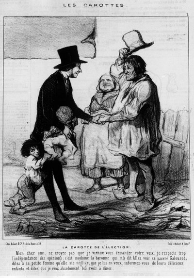 Candidate for election visit in a family of peasants: “The Carrot of the Election” - cartoon by Daumier, in “Charivari” of 21/03/1844 by Honoré Daumier