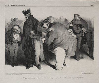 Caricature, plate 439: We are all honest men, so let us embrace and be done with it by Honoré Daumier