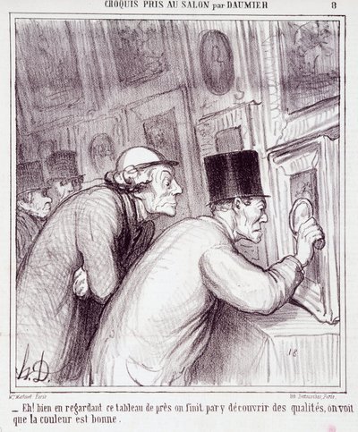 Cartoon about art lovers. Series “Sketch taken at the Salon by Daumier”: “Eh! well looking at this painting, we end up discovering quality, we see that the color is good”. Engraving by Honore Daumier. Extract from the newspaper “Le Charivari” by Honoré Daumier