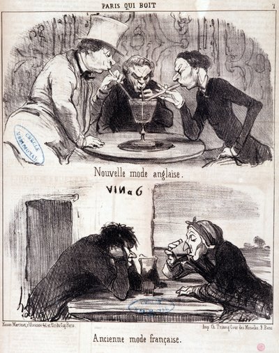 Cartoon about gastronomic abuse. “Paris who drinks” series: new English fashion and old French fashion. Engraving by Honore Daumier. Extract from the newspaper “Le Charivari” 23 June 1852 by Honoré Daumier