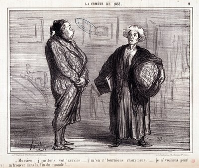 Cartoon about science. Series “On the Comet of 1857”: “Mossieu, I leave your service...” Engraving by Honore Daumier. Extract from the newspaper “Le Charivari” on March 13 by Honoré Daumier